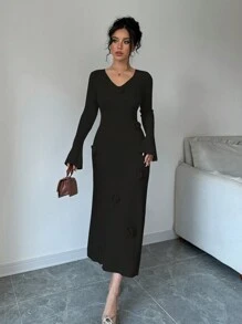 Selianne 女士 V 领长袖优雅 3D 花卉针织长裙，秋冬 - 黑色 - 查看 3