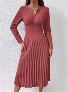 Chiquease Abito lungo elegante con scollo a V, plissettato, a maniche lunghe, monocromatico, da donna