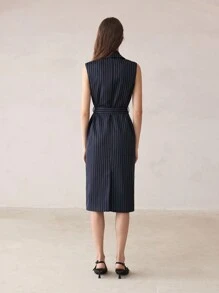 BizChic Veste régulière pour femmes avec imprimé rayé, ceinturée avec poches, sans manches