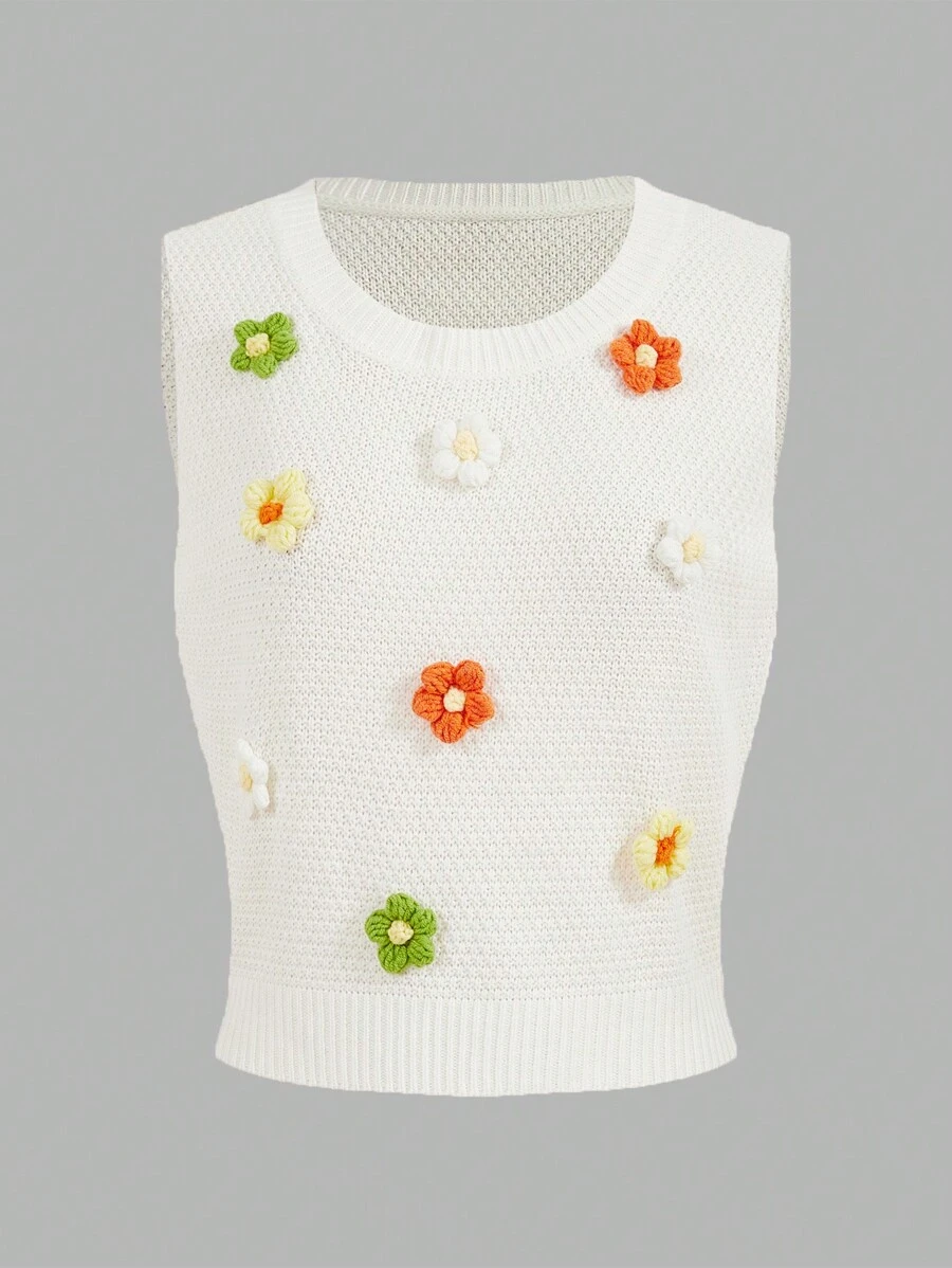 Soleia Floral Patched Crew Neck Casual Pullover Sweater Vest - White - View 1