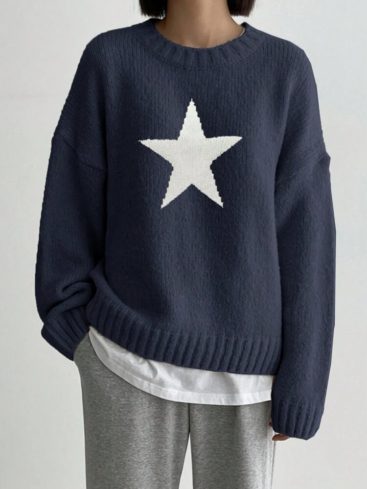 Women's Casual Star Pattern Drop Shoulder Loose Pullover Sweater,Long Sleeve Tops,Fall Women Clothes