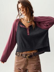 Bohemela Lässige Loose Bluse für Frauen mit V-Ausschnitt, Farbblock-Raglanärmeln und Langarm