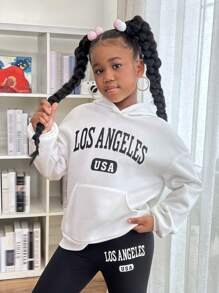 SHEIN Tween Girls' Streetwear Casual Knit Crew Neck Sweatshirt Outfit