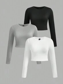 SHEIN EZwear 3 件套休闲简约圆领长袖短款上衣 T 恤，适合大码女士，适合夏季 - 彩色 - 查看 1
