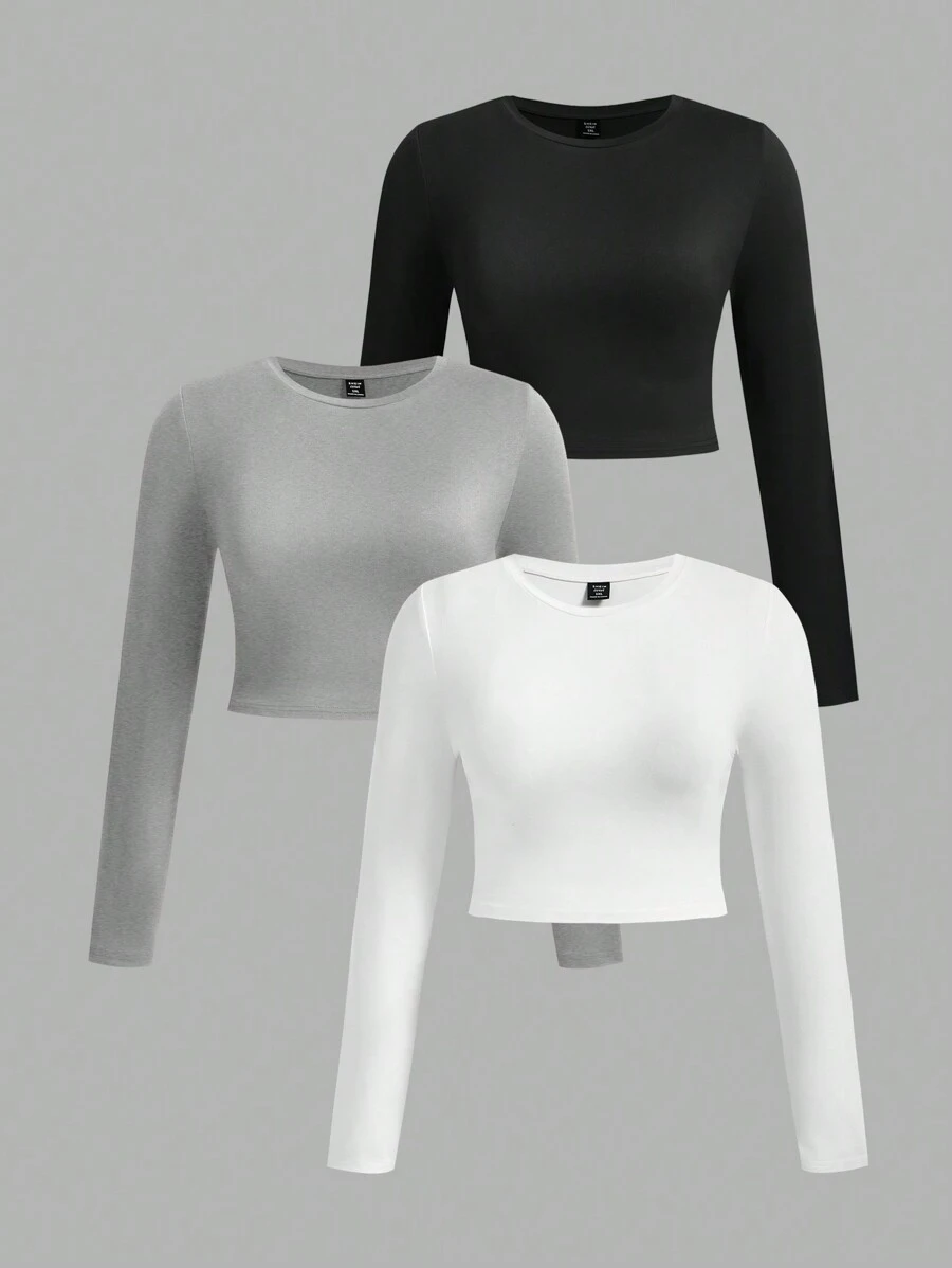 SHEIN EZwear 3 件套休闲简约圆领长袖短款上衣 T 恤，适合大码女士，适合夏季 - 彩色 - 查看 1