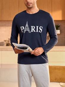Manfinity Underwear&Sleepwear Basics Men's Letter Printed Round Neck Long Sleeve Casual Loungewear Top