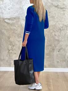 女式春秋新款百搭宽松简约 V 领长袖喇叭开衩连衣裙 - 藍色 - 查看 2