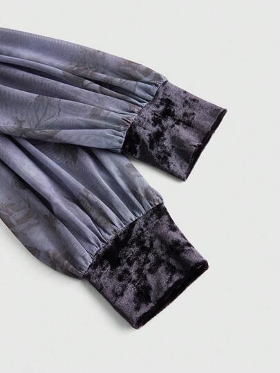 Fairycore Blouse vintage à manches en forme de lanterne en velours prune avec pendentif croisé, nœud papillon et rose florale, pour automne et hiver