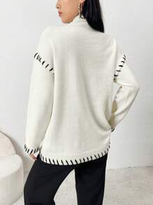 Mulvari Women Contrast Color Crew Neck Long Sleeve Casual Sweater - Apricot - View 5