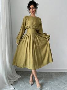 Calvaya Textured Elegant Batwing Sleeve Empire Waist Pleated Lantern Sleeve Dress Maxi Women Outfit