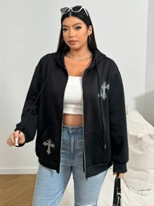 SHEIN EZwear Plus Size Women's Rhinestone Embellished Hooded Zip Up Sweatshirt - Black - View 4