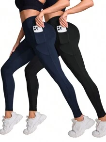 SHEIN Velisys 2 piezas Leggings deportivos de cintura alta de unicolor con bolsillos para mujer - Multicolor - Ver 1