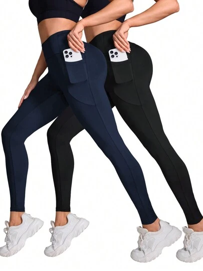 Easithlete 2件装女士纯色高腰口袋运动紧身裤瑜伽裤