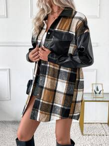 SHEIN LUNE Jaket Wanita Kasual untuk Berpergian, Motif Kotak-kotak, Patchwork, Blok Warna, Resleting, Cocok untuk Musim Gugur. - MultiWarna - View 3