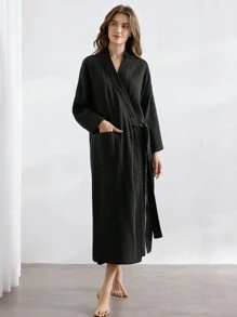 Ocili Leisure 100% Cotton Soft And Comfortable Crepe Robe With Tie - Black - View 5