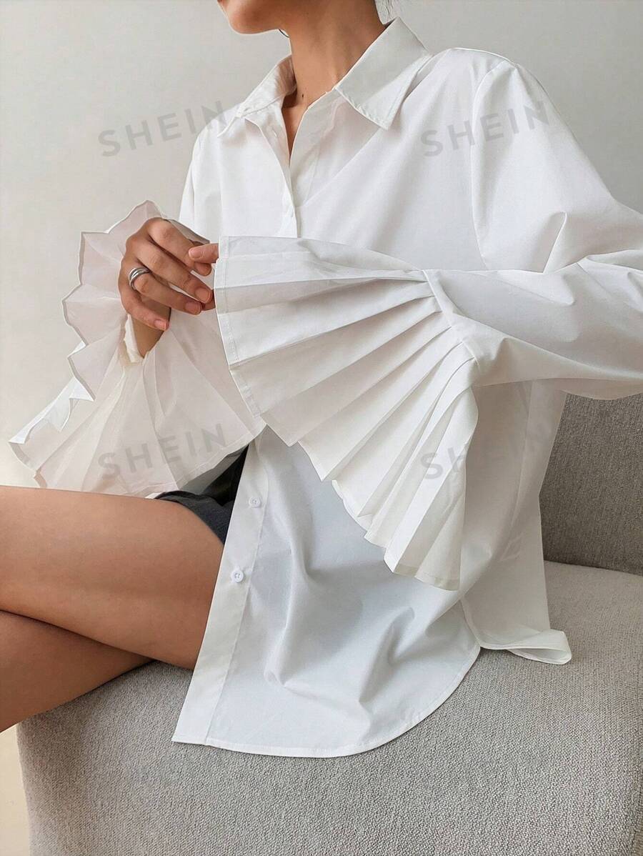 EastFlair Camisa blanca con puños con volantes al estilo coreano para mujer