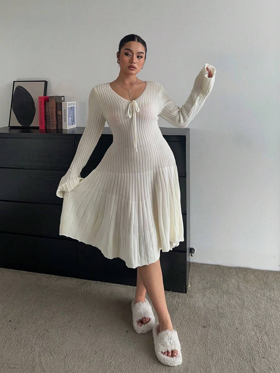 Flirla Plus Size Women's Solid Color Tie Front Flared Sleeve Elegant Bow Knot Sweater Dress, Autumn Winter