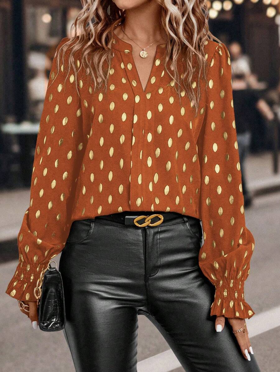 SHEIN LUNE 女士印花长袖休闲衬衫 - 橘色 - 查看 1