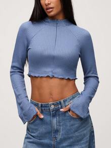 SHEIN BASICS Women's Casual Solid Color V-Neck Long Sleeve Cropped Fitted Sweater - Dusty Blue - View 1