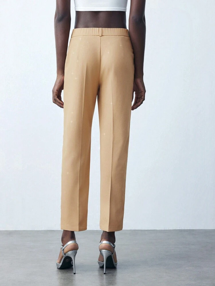 SHEIN Maija Women Khaki Solid Color Crystal Embellished Shiny Pocket Pants Trousers, Casual Office Wear