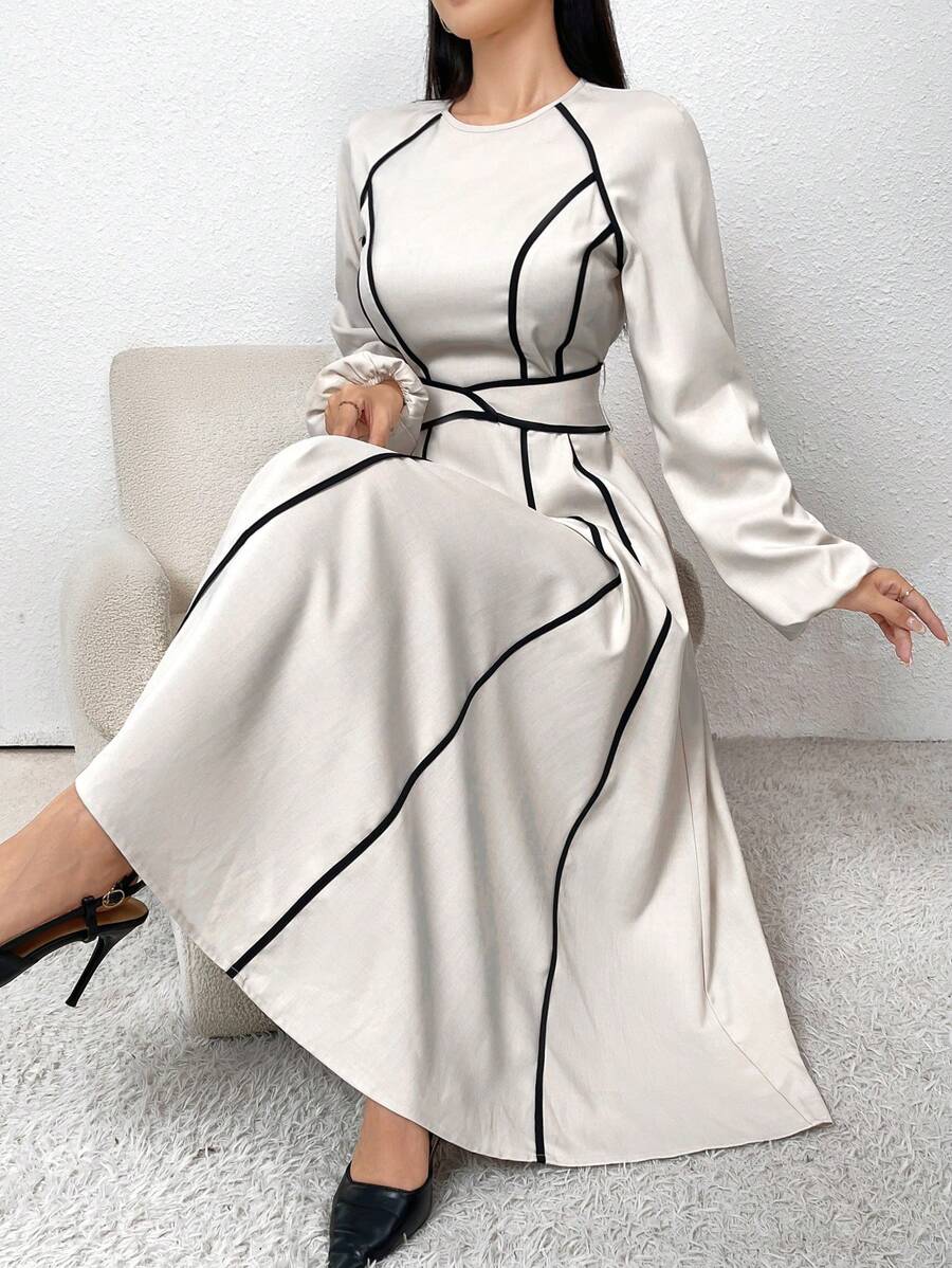 Modelyn 束腰蝴蝶结点缀色块休闲优雅通勤派对连衣裙长款晚礼服 - 卡其色 - 查看 1