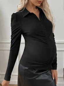 SHEIN Maternity Long Sleeve Solid Color Bubble Blouse, Spring Autumn