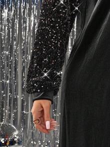 SHEIN LUNE Váy dài tay dài đến đầu gối in họa tiết hoa cỡ lớn cho nữ mặc trong trang phục ngày lễ mùa thu Váy dự tiệc ngày lễ Váy cỡ lớn - màu đen - Xem 3