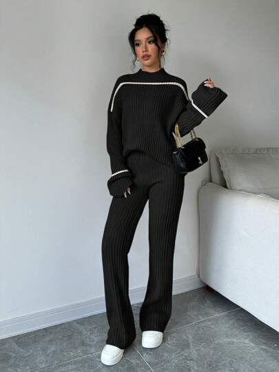 2pcs Set: Solid Color Patchwork Zipper Long Sleeve Top And Pants