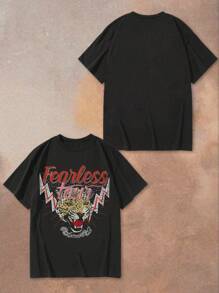 Tseoso 大码休闲宽松字母豹纹落肩圆领短袖 T 恤女款，适合夏季 - 黑色 - 查看 7