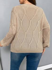 SHEIN Privé Plus Size Women V-Neck Long Sleeve Apricot See-Through Hollow Out Twisted Texture Beaded Sweater Top