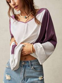 Bohemela 女士休闲针织拼色 V 领露背 3/4 袖宽松 T 恤