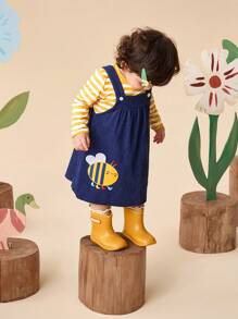 SHEIN Baby Girl 2pcs Cute Long Sleeve Striped Print Top And Bee Embroidered Overall Dress Casual Fashion Outfit, Suitable For Fall - Navy Blue - View 4