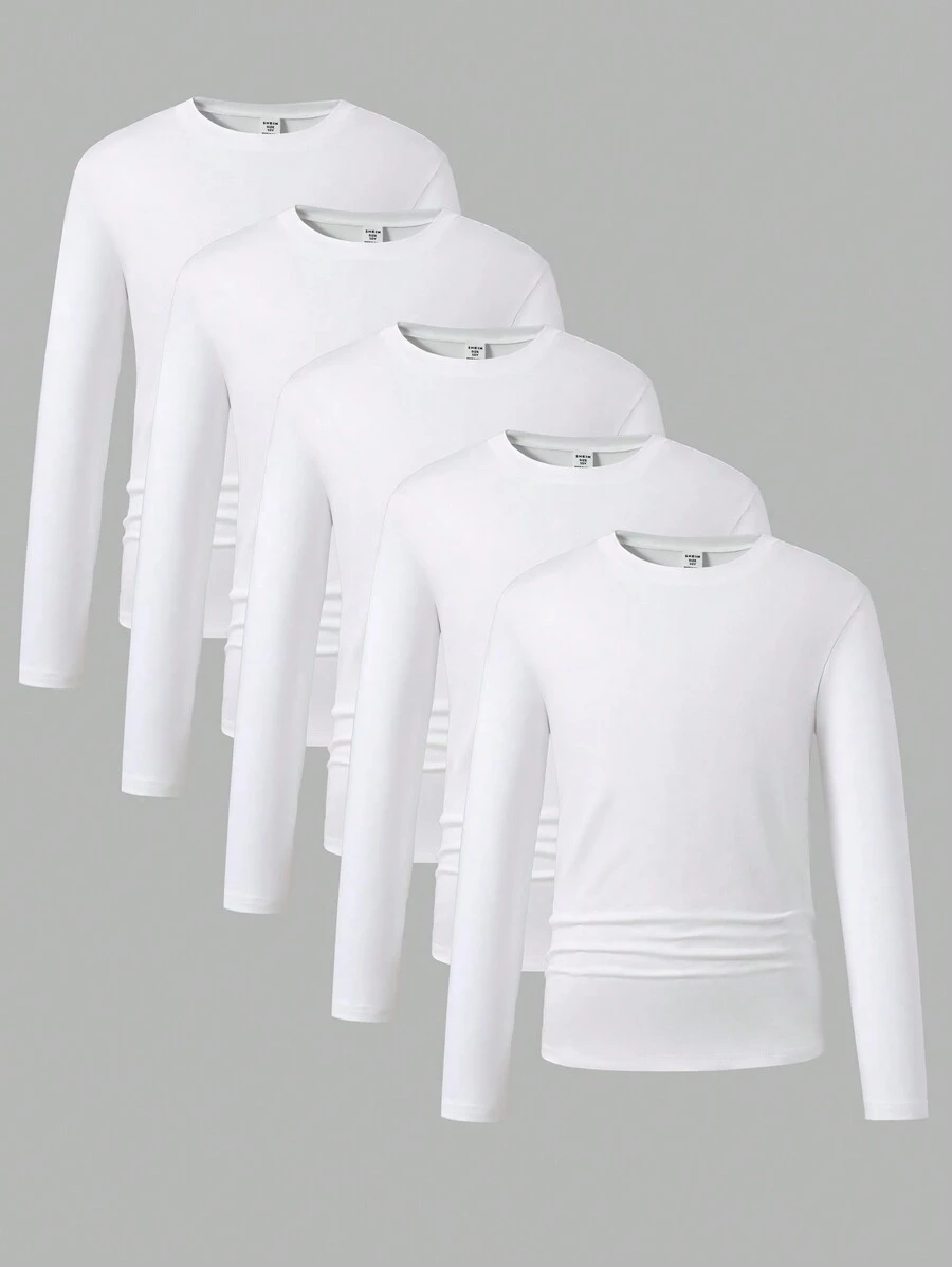 5pcs All-Match White T-Shirts For Tween Boys, School, Campus, College Chic Autumn/Winter - White - View 1