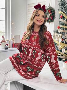SHEIN Essnce 大码女式秋冬休闲舒适宽松长袖套头衫红色姜饼雪花圣诞上衣 T 恤、圣诞服装、圣诞上衣、可爱上衣、红色上衣、节日服装、图案 T 恤、曲线圣诞、圣诞老人 - 紅色 - 查看 1