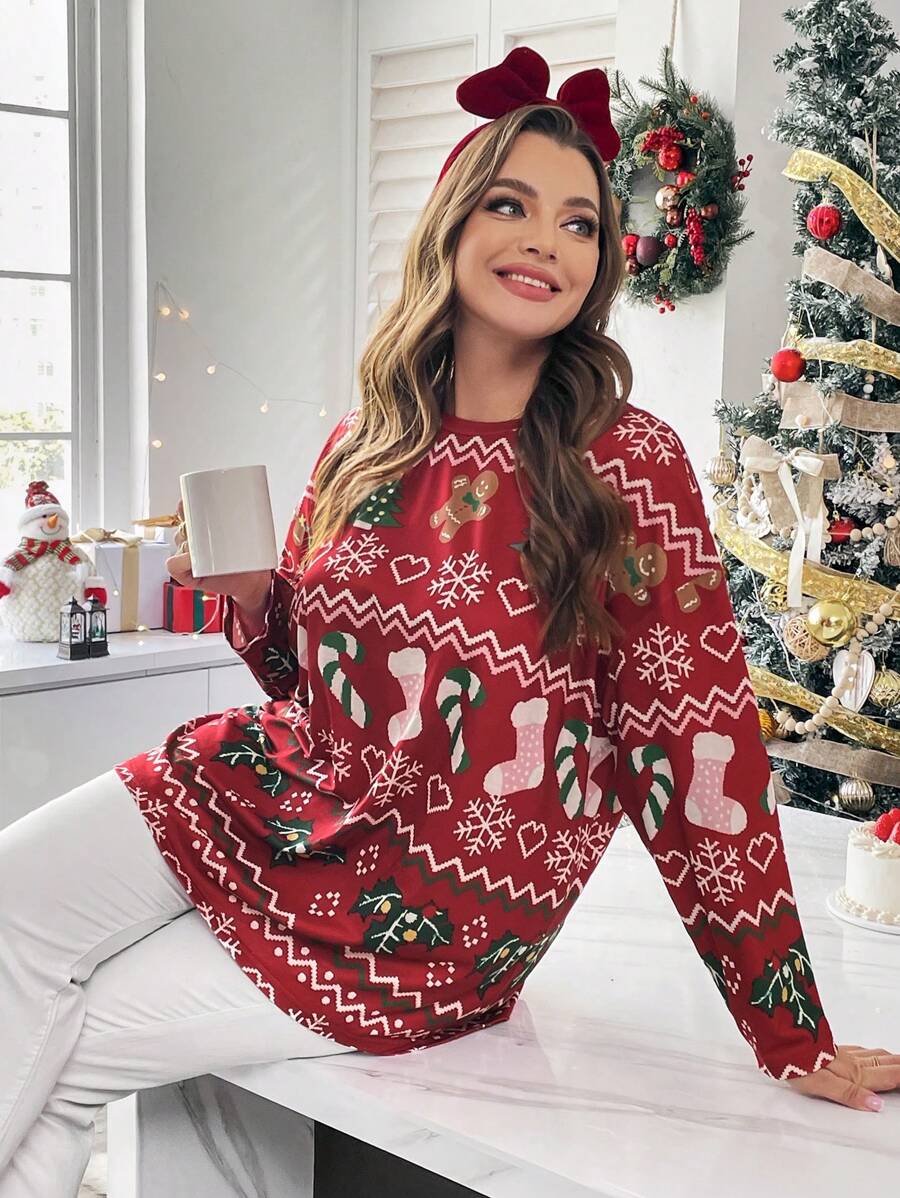 SHEIN Essnce 大码女式秋冬休闲舒适宽松长袖套头衫红色姜饼雪花圣诞上衣 T 恤、圣诞服装、圣诞上衣、可爱上衣、红色上衣、节日服装、图案 T 恤、曲线圣诞、圣诞老人 - 紅色 - 查看 1