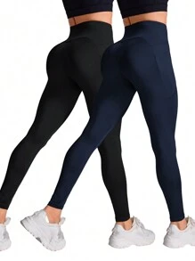 SHEIN Velisys 2 piezas Leggings deportivos de cintura alta de unicolor con bolsillos para mujer - Multicolor - Ver 2