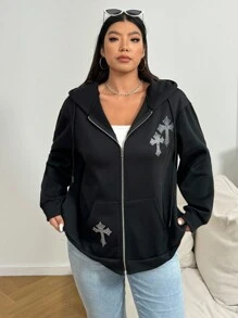 SHEIN EZwear Plus Size Women's Rhinestone Embellished Hooded Zip Up Sweatshirt - Black - View 5