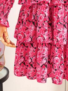 Vestido de manga larga con cuello redondo y volantes con estampado floral para niñas adolescentes - Multicolor - Ver 5