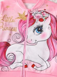 2 pièces Set veste et pantalon de survêtement avec imprimé licorne pour jeunes filles, rose