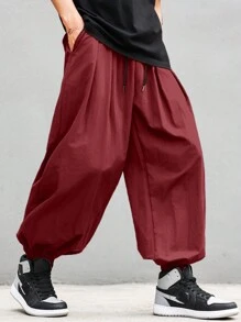 Manfinity EMRG 男士纯色前系带口袋简约休闲长裤，宽松裤男，红色男裤，韩版裤男，日系裤男，秋季 - 酒紅色 - 查看 3