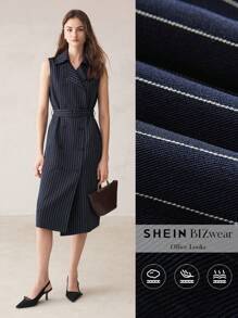 BizChic Veste régulière pour femmes avec imprimé rayé, ceinturée avec poches, sans manches