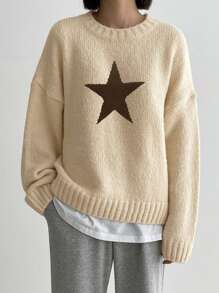 DAZY Jersey informal de cuello redondo de manga larga con estampado de estrella de 5 puntas