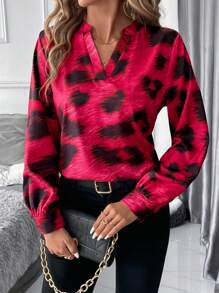 SHEIN Clasi Áo dài tay họa tiết da báo đỏ cho nữ, mùa thu và đông - Đỏ - Xem 3