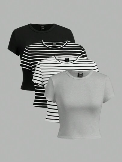 SHEIN EZwear 4 件套休闲简约圆领短袖修身短款 T 恤女装，夏季