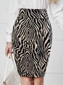 EMERY ROSE Women's Zebra Print Elegant Pencil Skirt - Khaki - View 1