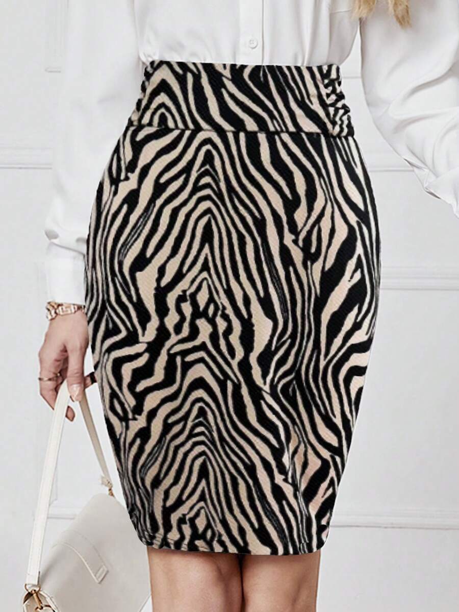 EMERY ROSE Women's Zebra Print Elegant Pencil Skirt - Khaki - View 1