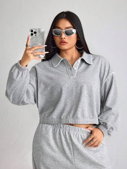 SHEIN ICON ICON 加大码女式浅灰色休闲运动衬衫领运动衫