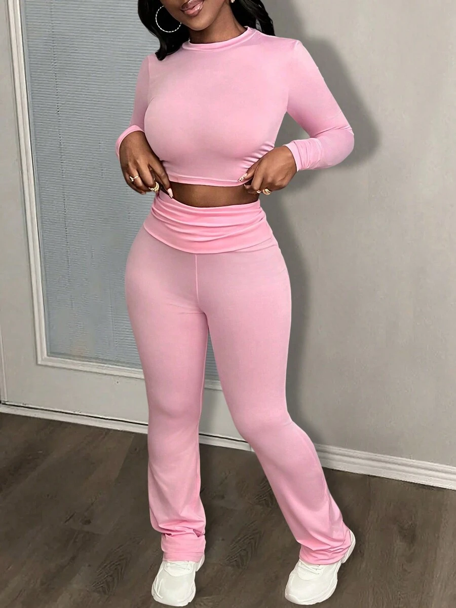Slaydiva 女士休闲基础款粉色长袖上衣和高腰褶皱修身裤两件套，适合春夏穿着 - 粉色 - 查看 1