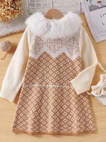 SHEIN Váy Jacquard in họa tiết toàn thân phong cách quốc gia cho bé gái có cổ bồng bềnh, váy dài tay dệt kim mềm mại thích hợp mặc hàng ngày - Màu be - Xem 1