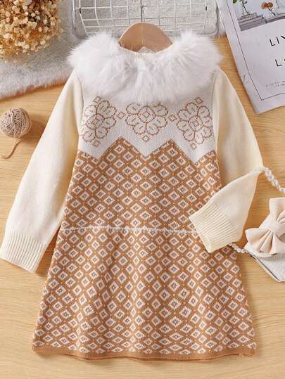 SHEIN 年轻女孩民族风格全印花提花连衣裙，配有蓬松领子，柔软针织长袖连衣裙适合日常穿着